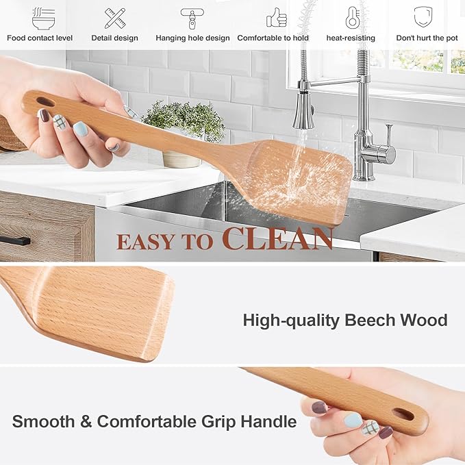 Wooden Cooking Utensils, 6 Pieces Natural Beech Wooden Spoons For Cooking with Unique Notch & Heat Resistant Design, Non-Stick Wood Kitchen Utensil Set with Hanging Hole for Kitchen Essentials