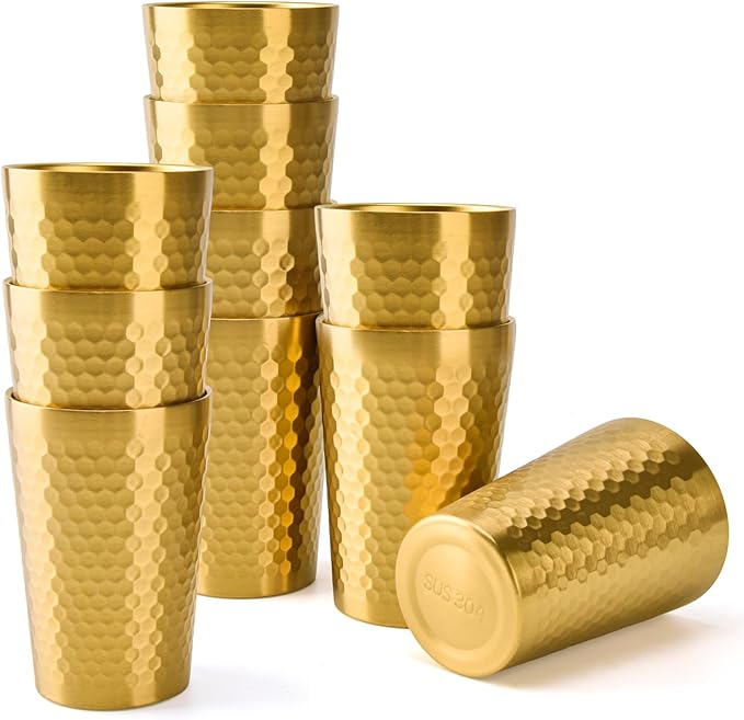 10 Pack 12 oz Stainless Steel Insulated Cup, Honeycomb Double Wall Vacuum Small Metal Cup, Reusable Camping Cups Unbreakable Indoor Outdoor for Party, Home, Office, BBQ, Gold