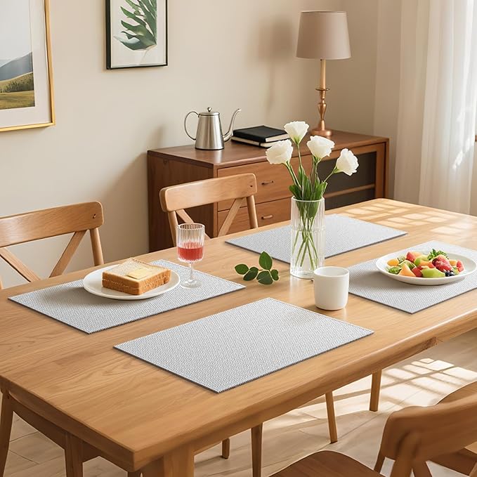 Blue Forest Placemats Set of 4, Dual-Layered Thickened Faux Linen Table Mats Heat Resistant Machine Washable Wrinkle Free Place Mats for Kitchen Dining Outdoor/Indoor (Cream Beige)