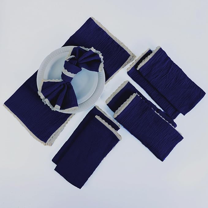 Fingercraft Dinner Cloth Napkin Cotton Muslin Double Gauze 4 Pack with Classic Lace for Everyday Use, Wedding, Party, Christmas, Easter Napkins Cloth are Pre Shrunk and Good Absorbency Navy