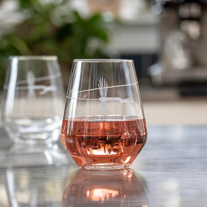 Rolf Glass | Fly Fishing Stemless Wine Tumbler 18 ounce | Stemless Wine Glasses | Set of 2 | Lead-Free Glass | Engraved Tumbler Glasses | Made in the US