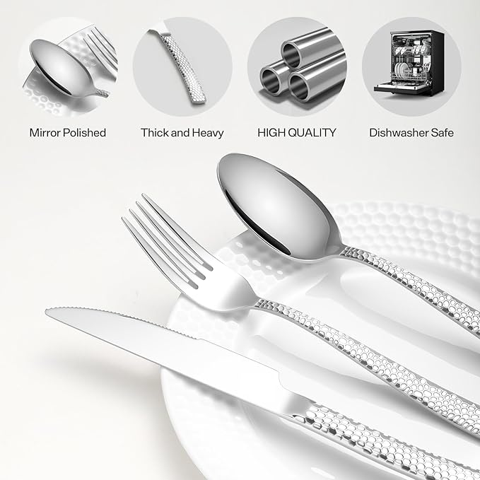 Hammered silverware set for 4 modern flatware set Heavy duty cutlery set 20piece Stainless Steel fork spoon knife set everyday kitchen, Mirror Finish Dishwasher Safe