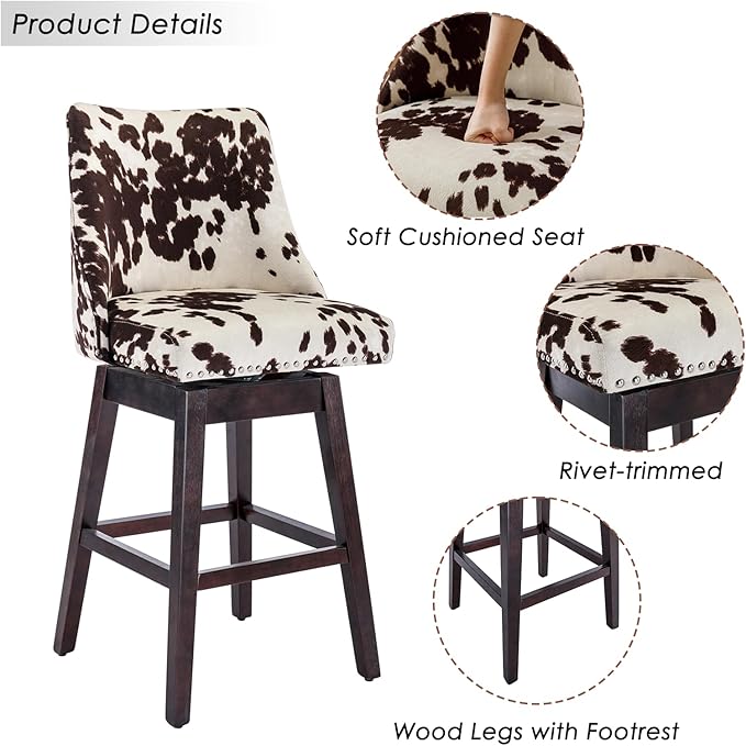 Counter Height Bar Stools Set of 4 Swivel Velvet Kitchen Stool Chairs with Back Mid Century Modern Barstool with Distressed Wood Legs for Dining Bar, Cow