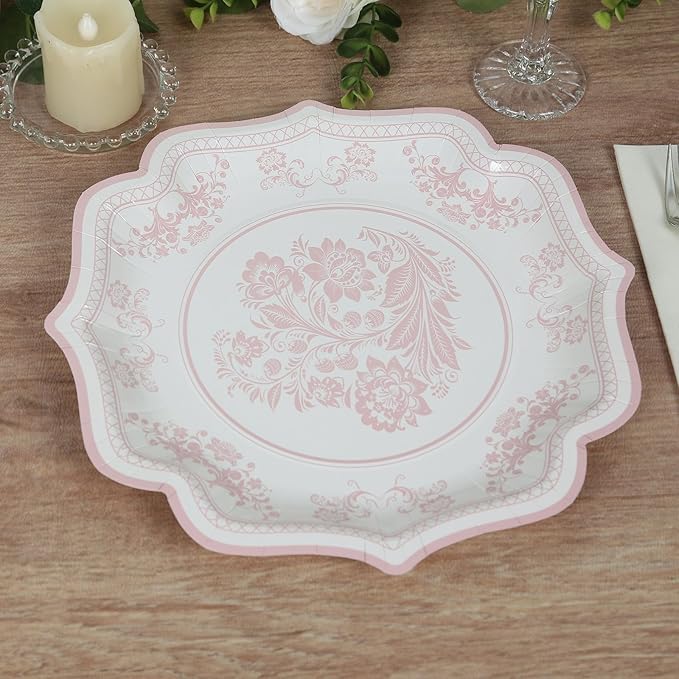 50 Pack 8" White Pink French Toile Dessert Plates, Disposable Round Paper Floral Pattern Appetizer Salad Plates 300 GSM for Party Decoration