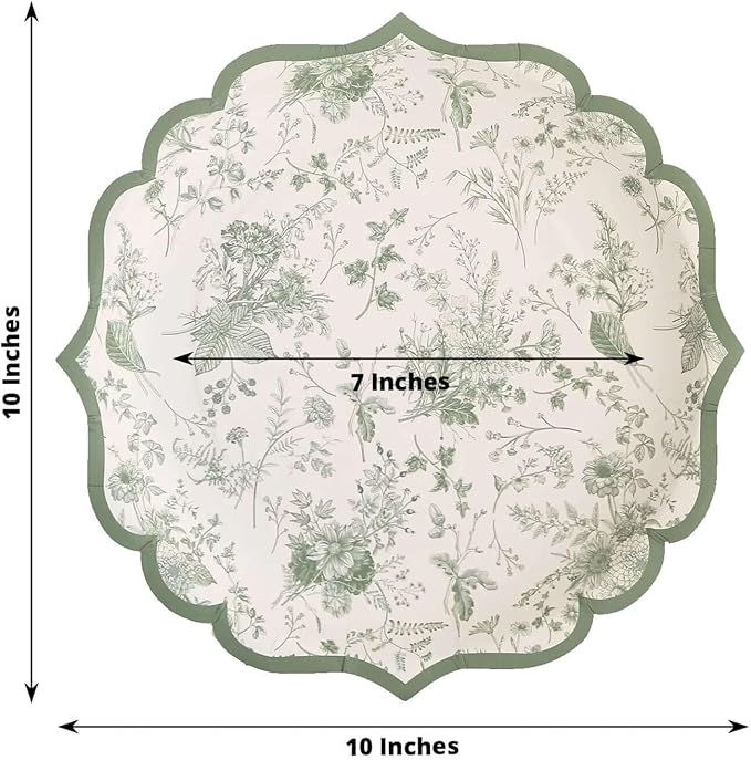 50 Pack 10" Sage Green Dinner Plates in French Toile Floral Pattern, Disposable Round Paper Party Plates 300 GSM for Festive Table Decoration