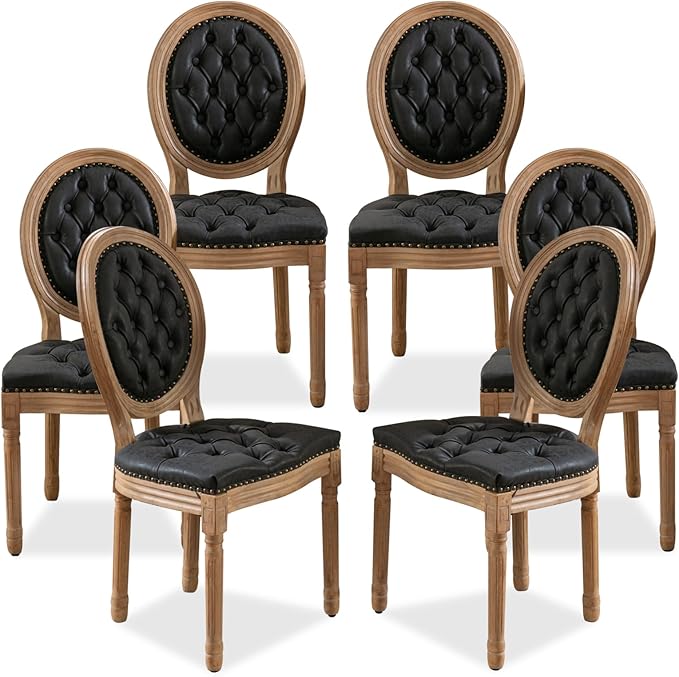 SoarFlash French Dining Chairs Set of 6, Vantage Dining Chair with Round Back, Farmhouse Country PU Leather Dining Chair for Kitchen,Bedroom,Black