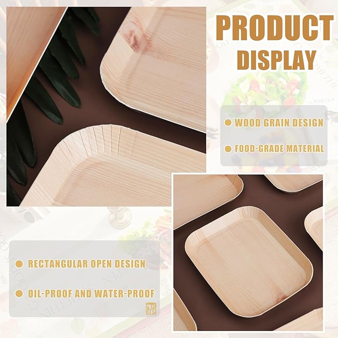 50 Pcs Wood Grain Paper Plates, 6.5 Inch Rectangle Plates, Disposable Rustic Party Plate for Woodland Baby Shower, Camp Fire, Camping, Lumberjack Birthday Party Supplies (S)
