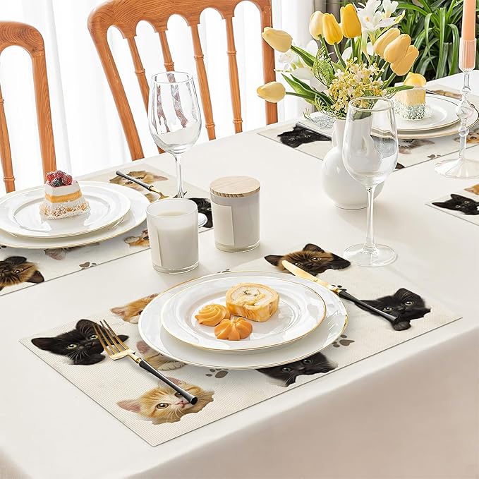 Cat Placemats Set of 6, Cute Black Cats Table Mats, Animal Washable Place Mats for Coffee Bar Home Party Indoor Kitchen Dining Table Decoration 12x18 Inch