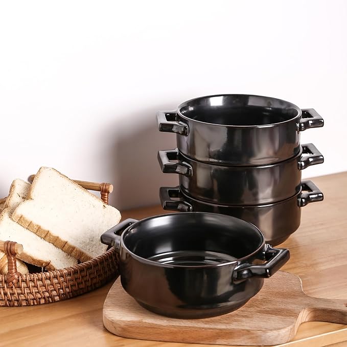 vicrays Ceramic Soup Bowls with Handles, 24 Oz Porcelain Soup Crocks for French Onion Soup, Cereal, Beef Stew, Chill, Pasta, Pot Pies, Microwave and Oven Safe, Set of 4 (Black)
