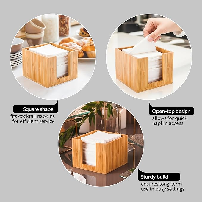 5.5 x 4 Inch Cocktail Napkin Holder, 1 Square Flat Napkin Holder - For Bars, Kitchen Tables, or Countertops, Sturdy, Natural Bamboo Tissue Napkin Holder, Dining Room Decor - Restaurantware
