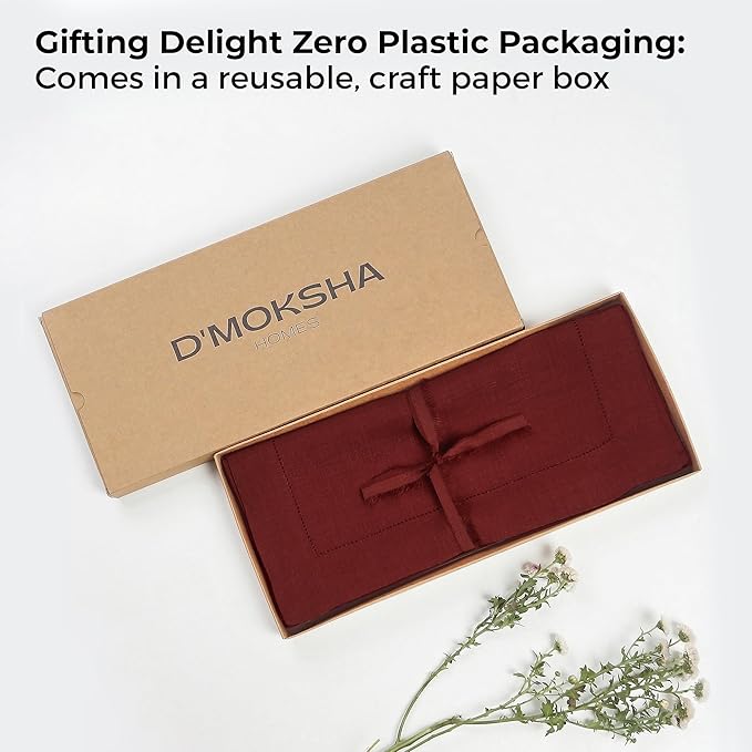 D'Moksha Homes Linen Dark Red Table Runner 132 Inches Long - 100% Pure Linen Extra Long Table Runner 14 x 132 Inch for Valentines, Spring - Classic Hemstitch