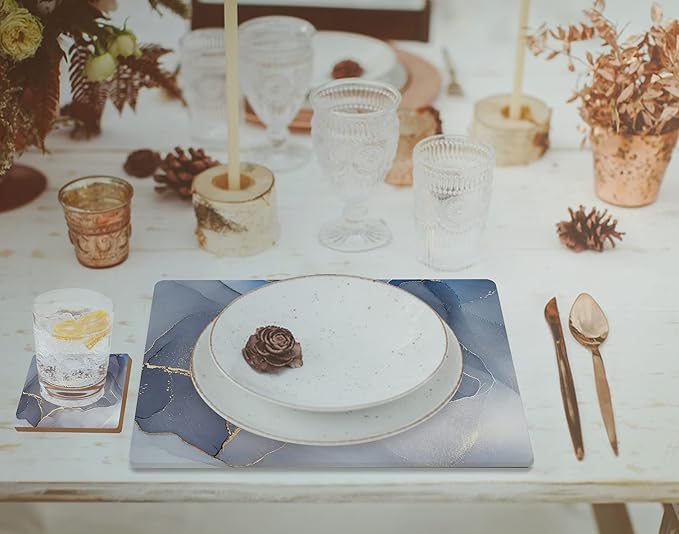 Set of 4 Heat Resistant Cork Placemats for Dining Table with Free Set of 4 Matching Drink Coasters Marble Design 16 x 12 Inches Cork Backed Hard Placemats (Blue & Gold)