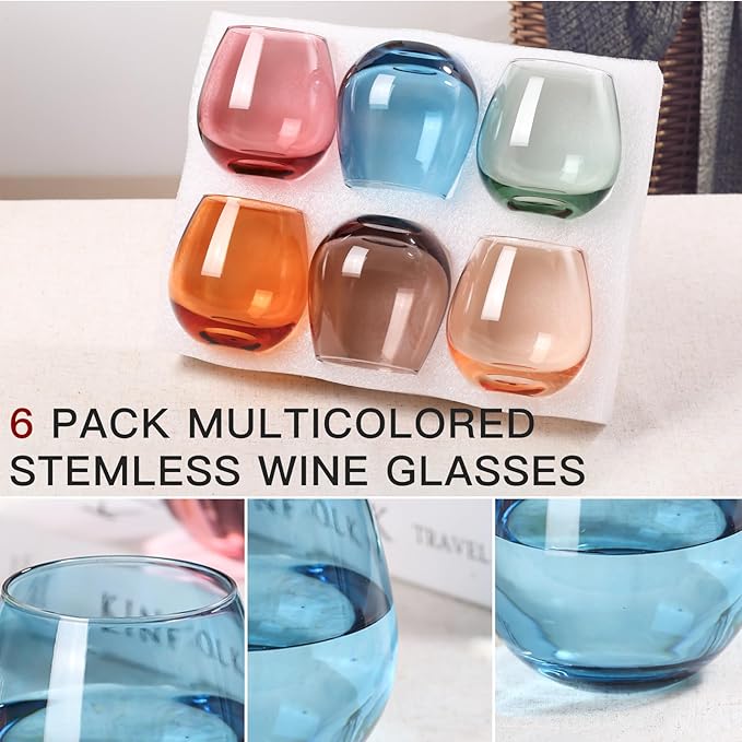 Colored Stemless Wine Glasses Set of 6-15 oz -【Hand-Blown】 Colored Drinking Glasses, European Design Crystal Glass For Red & White Wine, Unique Gifts for Wedding, Birthday(Multicolor)