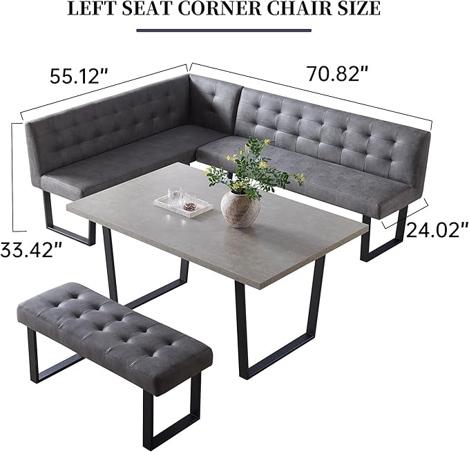 3 Piece Dining Table Set with Bench, 42.9 Inch Modern Kitchen Table with Right Seat Corner and 43.3 Inch Bench for Family Dining Room Furniture