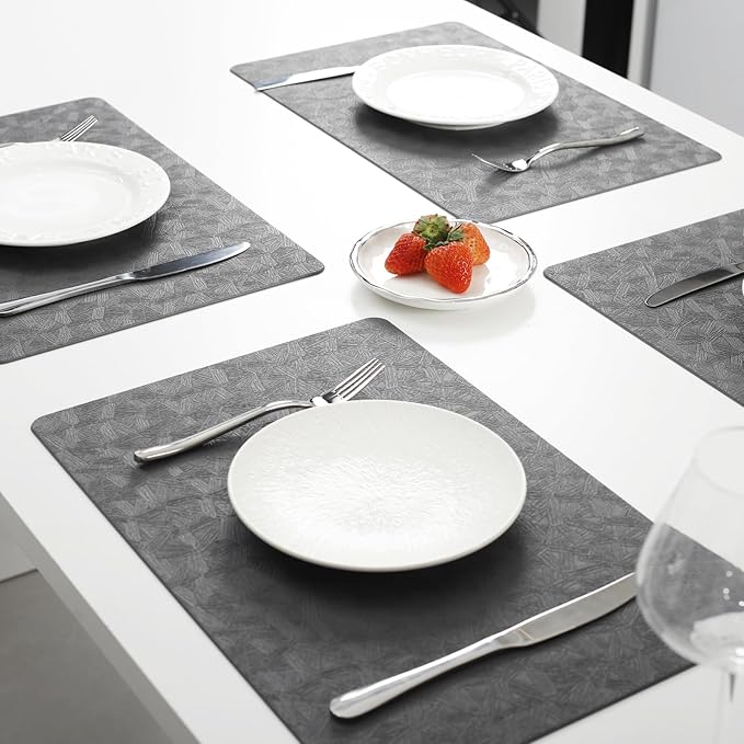 Vinyl Placemats Set of 6 Heat Resistant Easy Clean Non-Slip Place Mats for Dining Table Faux Leather Waterproof Stain Resistant Wipeable Washable PVC Table Mats(6, Gray)