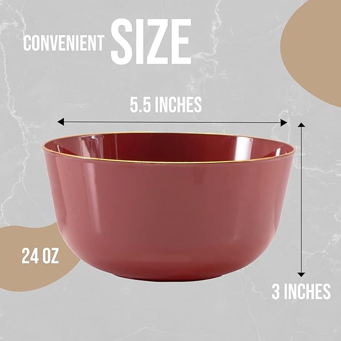 Trendables Plastic Bowls Disposable Bowls 24 Oz Bowl Set Of 50 Burgundy Gold Rimmed Fancy Plastic Serving Dishes Perfect for Parties and Events Disposable Candy Bowl