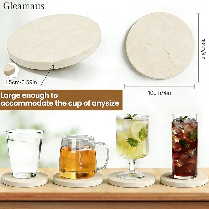 Natural Marble Coasters, Round Costers, Luxury Aesthetic Modern Decor for Coffee Table Bar Kitchen Home, Travertine Marble, Real Natural Semi Absorbent Stone Coasters