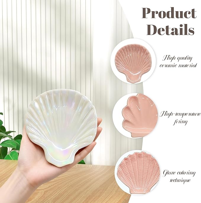 Shell Jewelry Tray Ring Dish, 4.33 Inch Key Bowl Ceramic Tray, Ttrinket Dish Jewelry Dish, Home Decoration, Gifts for Girlfriend Daughter Mother,Mother's Day Gift (6PCS-Shell)