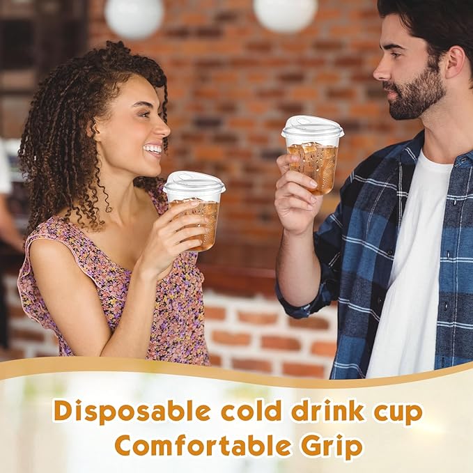 Baderke 100 Pcs Plastic Cups with Sip Lids Round Bottom Disposable Plastic Coffee Cups with Lids Clear Strawless Crystal Mugs for Iced Coffee Smoothie Cold Beverage Party Catering Supplies (14 oz)