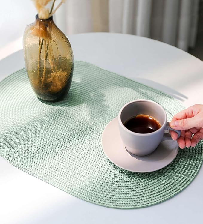 FunWheat Oval Braided Placemats Set of 6 Table Mats for Dining Tables Washable Heat Resistant Place mats for Daily Use 12X18 Inch(Oval Fog Green, 6pcs)