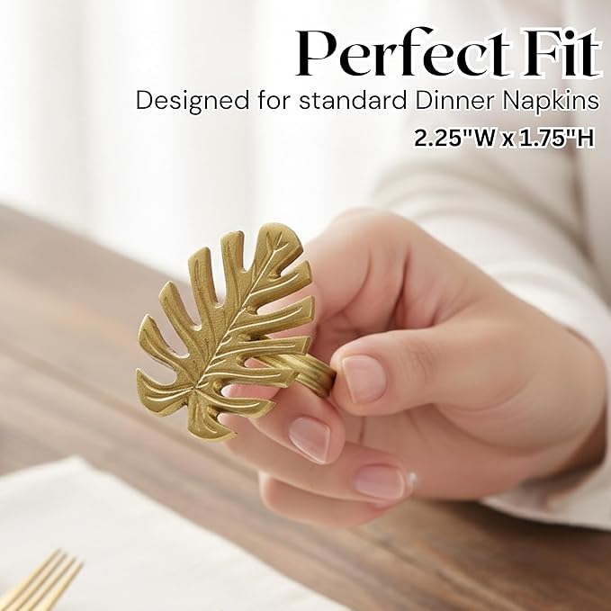 Napkin Rings Set of 12 Metal Napkin Holder Cuffs for Dinner Table Décor Monstera Leaf Farmhouse Modern Serviette Rings for Weddings, Parties, Receptions, Daily Use (Antique Gold) - ALPHA Living HOME