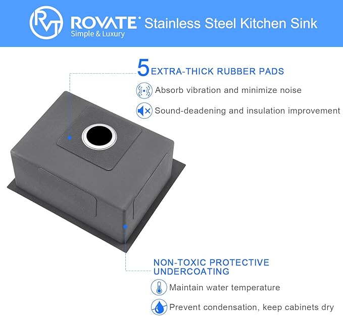 ROVATE 22x18 inches Drop-in Kitchen Sink Single Bowl Stainless Steel with 1 Hole, Handmade Topmount Kitchen Sink with Basket Strainer