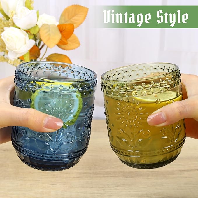 Topsky Vintage Drinking Glass Set of 6,12 oz Embossed Floral Decorative Glassware Set,Glass Cups Wine Glasses Beverages Tumblers Colored Glassware for Whisky,Beer,Juice,Cocktail,Heavy Duty