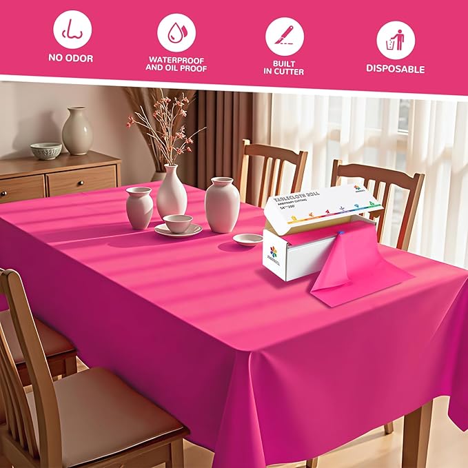 54 Inch X 200 Feet Plastic Table Cover Roll with Convenient Slide Cutter, Disposable Plastic Table Cloth Roll with Cut-to-Size Design for Weddings, Banquets, Parties (Fuchsia)