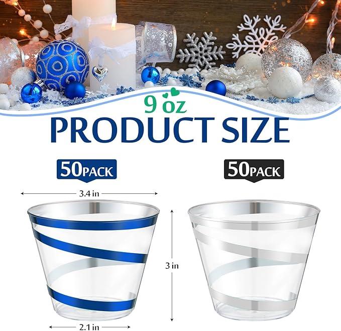Gejoy 9 oz Rimmed Swirl Plastic Cups Disposable Wine Drinking Cups Clear Elegant Halloween Tumblers for Christmas Party Supplies(Silver, Blue,100 Pcs)