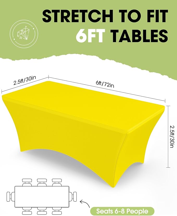 Pureegg Spandex Tablecloth 6ft - 2 Pack, Fitted and Tight Cloth for Rectangle Table, Wrinkle-Free and Stretch Table Cover for Party, Wedding, Banquet and Birthday, Yellow