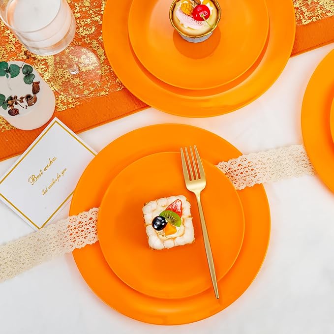 PULOTE 100PCS Orange Plastic Plates - Premium Hard Orange Disposable Include 50 Each(10.25 Inch Dinner & 7.5 Inch Dessert) Plates, Ideal for Party
