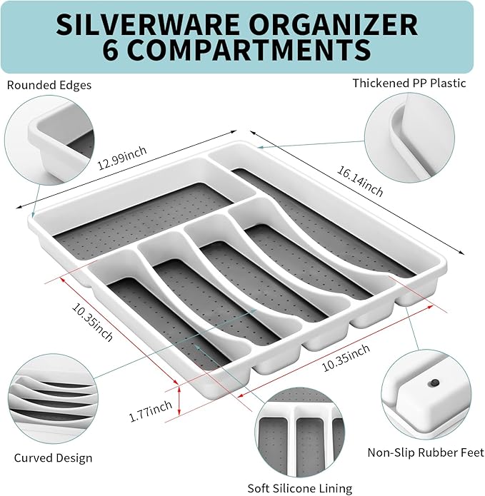 65PCS Silverware Set for 8 with Flatware Drawer Organizer, Stainless Steel Cutlery Set with Steak Knives, Include Spoons and Forks Set & Serving Utensils, Mirror Polished, Silver