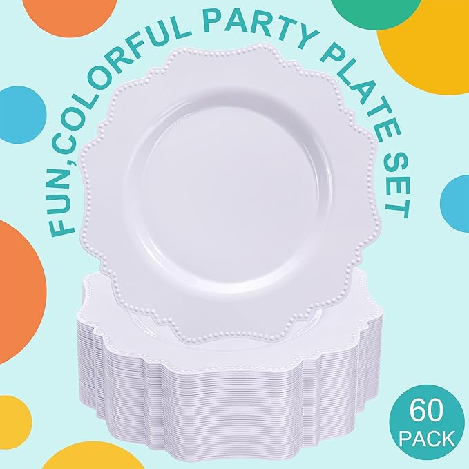 COLOSUS 60pcs White Plastic Party Dinner Plates - 9.5 Inch- Heavy Duty Disposable Plastic Dinner Plates for Party Thanksgiving and Everyday Use