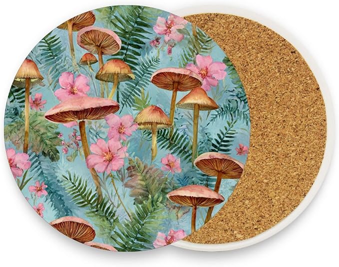 Coasters for Drinks Coaster Drink Set Decorative Coffee Table Desk Cup Mat Spring Cute Cork Bar Backing Round Home Decor Mushroom Leaves Pink Green31