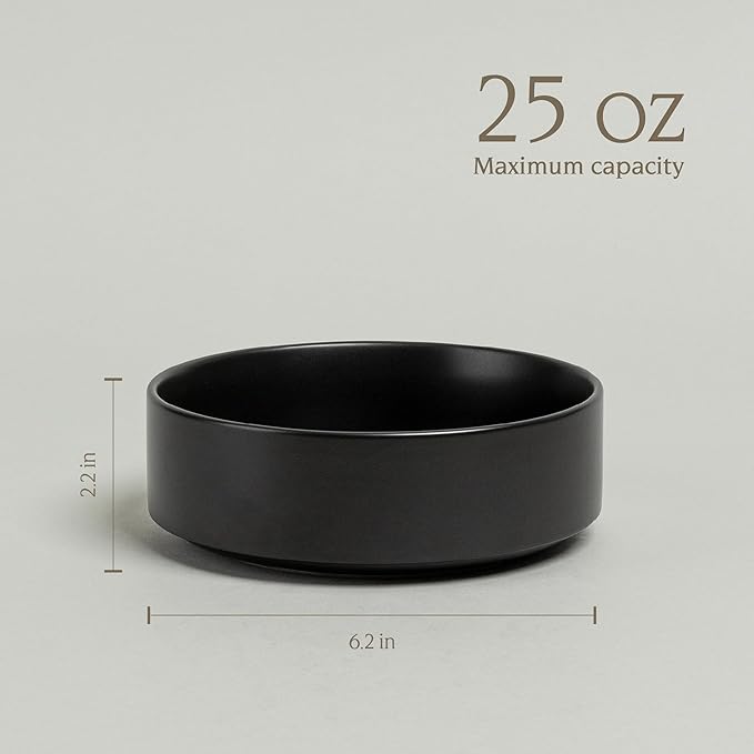 over&back Stackable Cereal Bowl Set - Stoneware Dishes - Comes with 4 Cereal Bowls - Easy-to-Stack Breakfast Place Settings - 6.2" x 6.2" x 2.2" - 25oz - Semi-Matte Black
