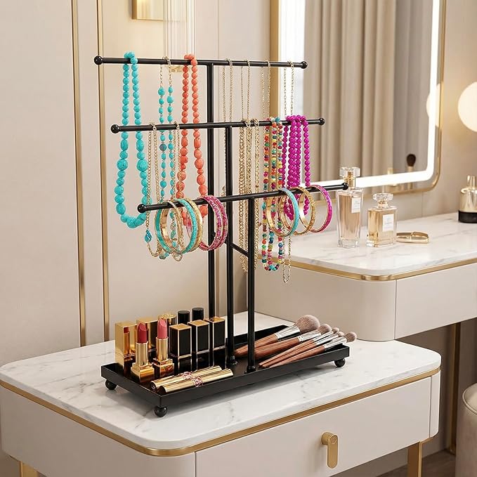 MyGift Modern Jewelry Organizer, 3 Tier Black Metal Tabletop Bracelet and Necklace Jewelry Storage Display Tree Rack with Base Ring Tray