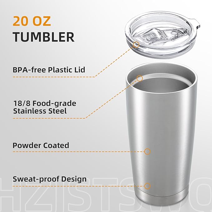 20 oz Tumbler Bulk with Lid Stainless Steel Insulated Tumblers Double Wall Vacuum Coffee Mug Powder Coated Tumbler Cups for Cold and Hot Drinks, Stainless Steel, 6 pack