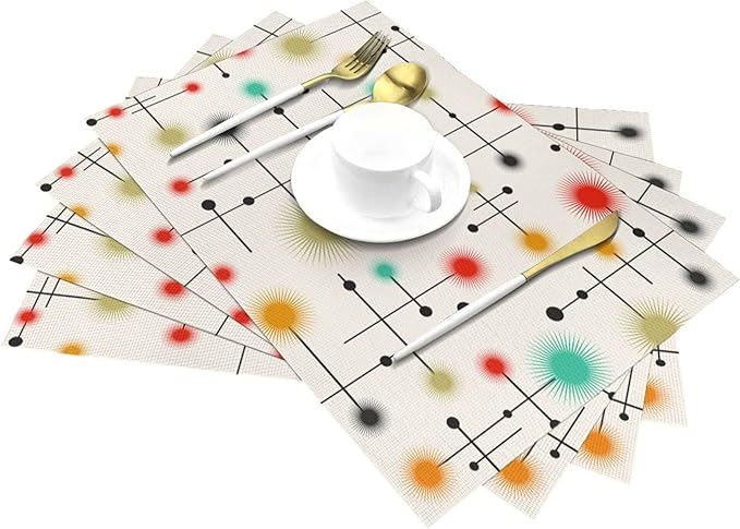 Mid Century Modern Placemats Set of 4, Washable Retro Table Mats for Kitchen Dining Tables Yellow Decorative Linen Place Mats 12x18 Inch