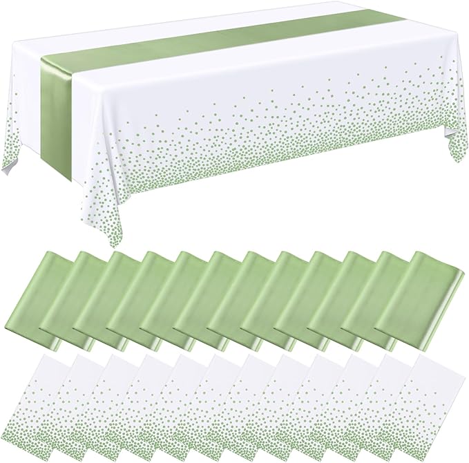 Breling 24 Pack White and Sage Green Disposable Plastic Tablecloths and Satin Table Runner Set, 54 x 108 Inch Tablecloth, 12 x 108 Inch Table Runners for Wedding Graduation Birthday Baby Shower