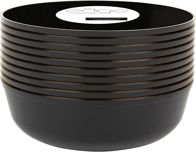 [30 Pack 16 OZ Bowls] Edge Collection Black with Gold Rim Plastic Party Soup Bowls Premium heavyweight Elegant Disposable Tableware Dishes