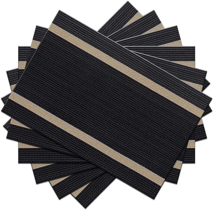 Placemats Set of 6 Durable Placemats Washable Kitchen Plastic Luxurious Table Mats for Home/Dining Room Decoration (Black)