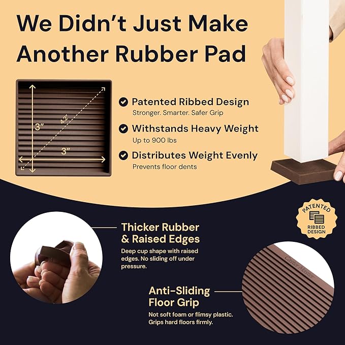 CasterMaster Rubber Feet Non-Slip Furniture Pads Square - 3 x 3 in Brown 8-Pack - Floor Protectors for Chairs & Hardwood Floors - Keep Furniture from Sliding
