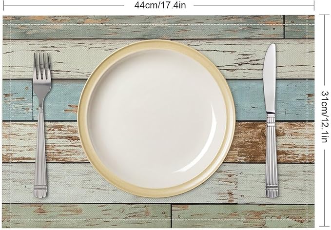 Rustic Plank Placemat Set, Vintage Old Shabby Colorful Beige Green Blue Farmhouse Barn Wooden Board Pattern Home Decor Linen Table Mats for Dining Room Kitchen Party (17x12in) x6P