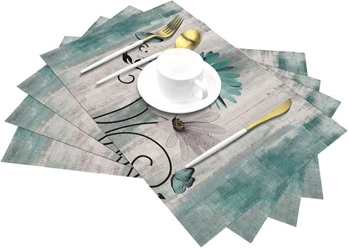 Floral Placemats 12x18 Inches Set of 4, Teal Blue Daisy Floral Decorative Modern Placemats Rectangle Linen Table Mats for Party, Home Kitchen,Dining Table Decoration