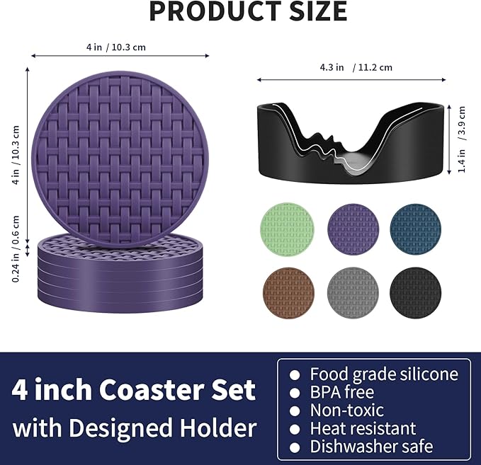 Purple Silicone Coasters with Holder, 4 Inches Non-Slip Decorative Cup Mats for Drinks, Heat Resistant & Waterproof Round Coaster Set of 6 for Home, Office, Kitchen, Bar Table