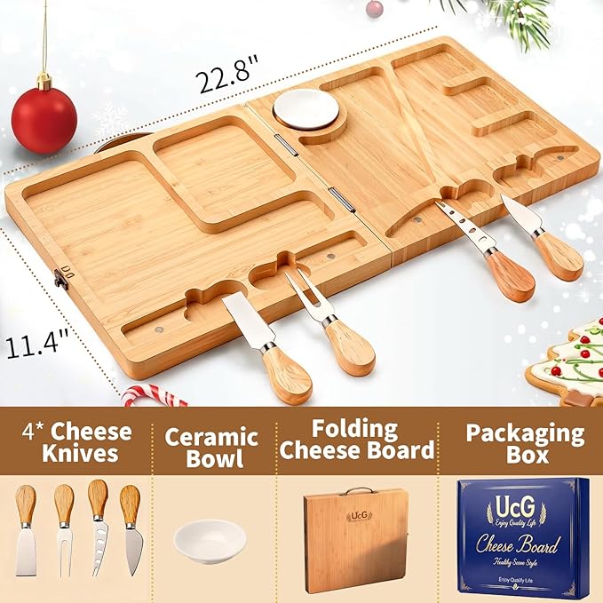 Charcuterie Board Gifts for Women: Bamboo Folding Cheese Board with Knife Set - Unique White Elephant Gift, Valentine Christmas Birthday Party House Warming Gift for Mom Wife Girlfriend