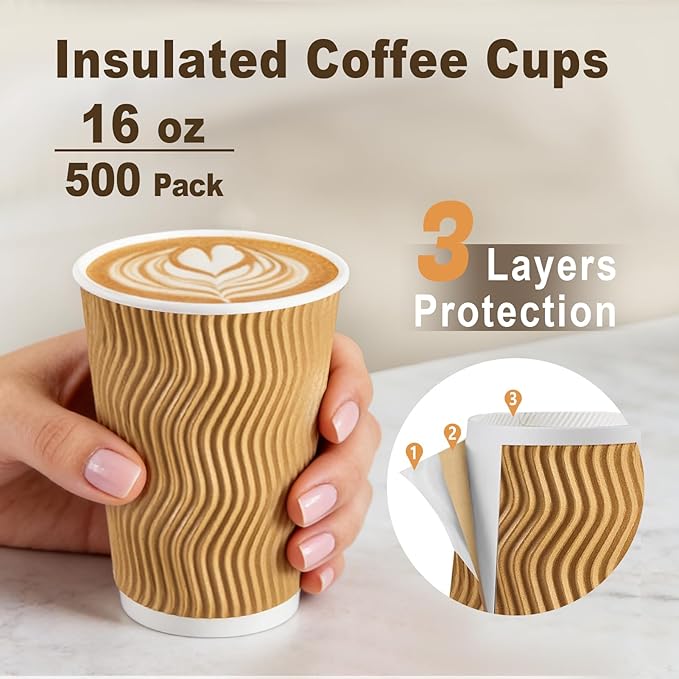 500 Pack 16 oz Disposable Coffee Cups No Lids, Insulated Ripple Wall Paper Coffee Cups 16oz for Hot Chocolate Tea Home Travel Office (Champagne)