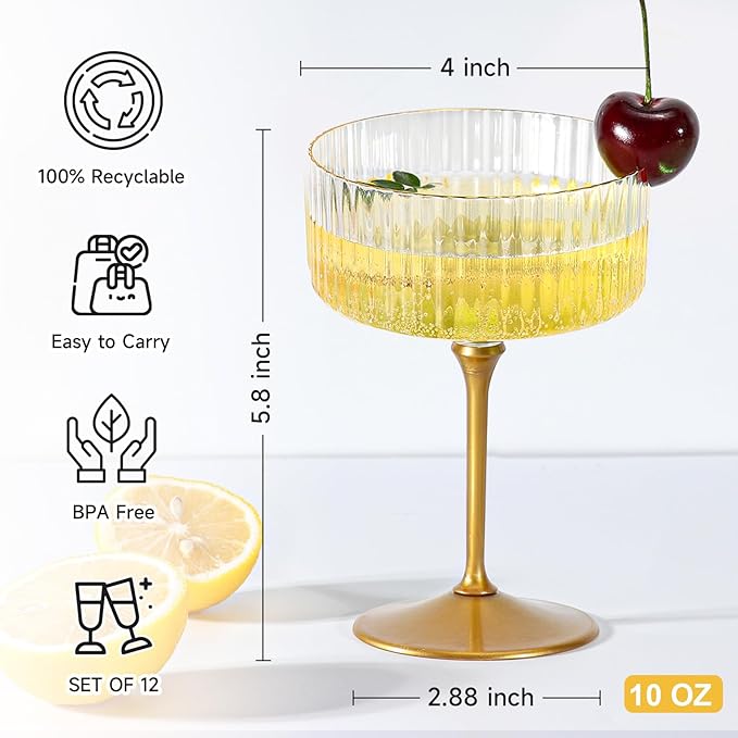 XUWAIDSGN 24 Pcs Champagne Martini Glasses 9 Oz with Gilded Removable Gold Rim Coupe Glasses Pink Martini Glasses Plastic Mimosa Vintage Coupe Glasses Set For Wedding Anniversary (24, Ribbed Gold)