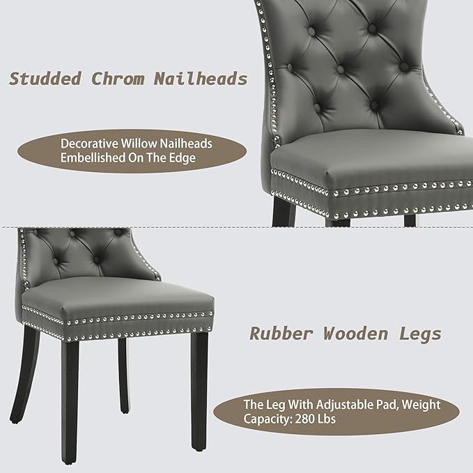 KCC Faux Leather Dining Chairs Set of 4, Upholstered High-end Tufted Dining Room Chair with Nailhead Back Ring Pull Trim Solid Wood Legs, Contemporary Nikki Collection Modern Style for Kitchen, Gray