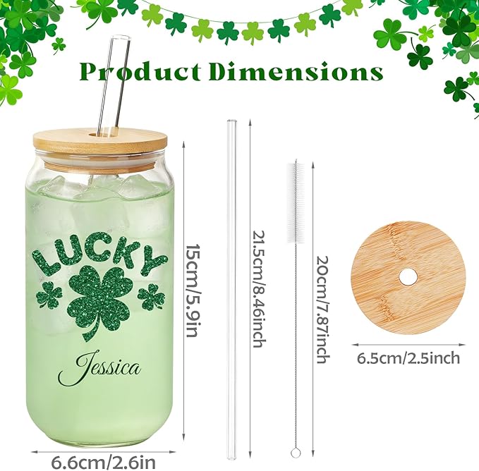 Mason Life St Patrick's Day Personalized Glass Tumbler, 18 OZ Cute Glass Cup with Lid and Straw, Lucky Clover Beer Can Glass, Personalized St.Patrick's Day Gift for Women Girls